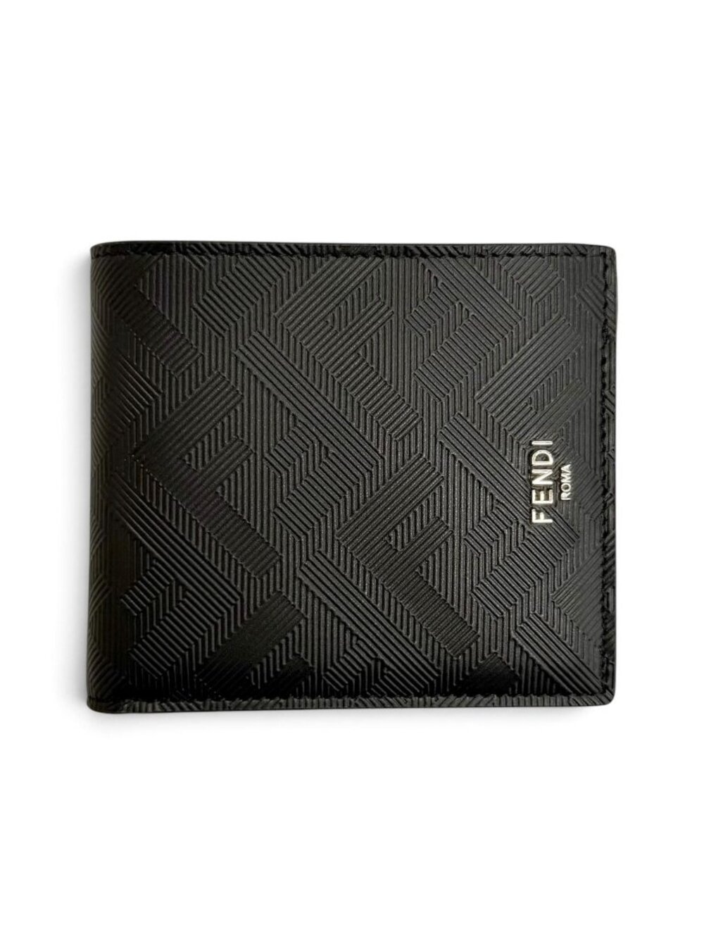 Fendi Shadow Calfskin Logo Compact Wallet Billfold Bifold Black